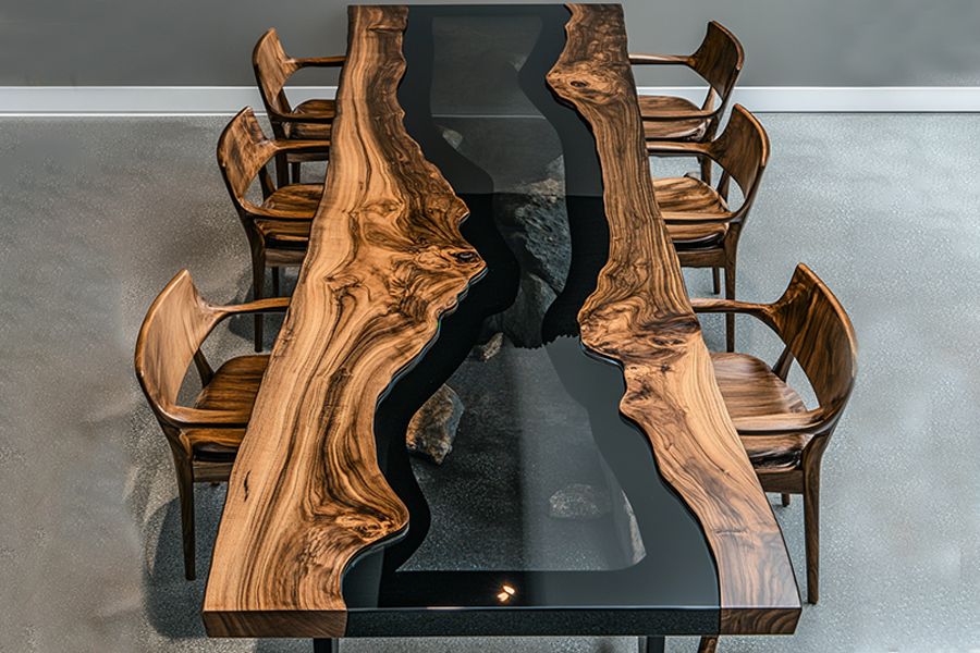 Dark color black walnut live edged
uneven river long table