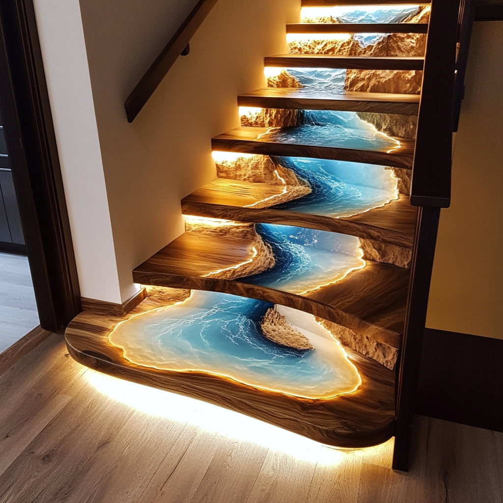 Treasuretabletop Custom Blue River Epoxy Staircase