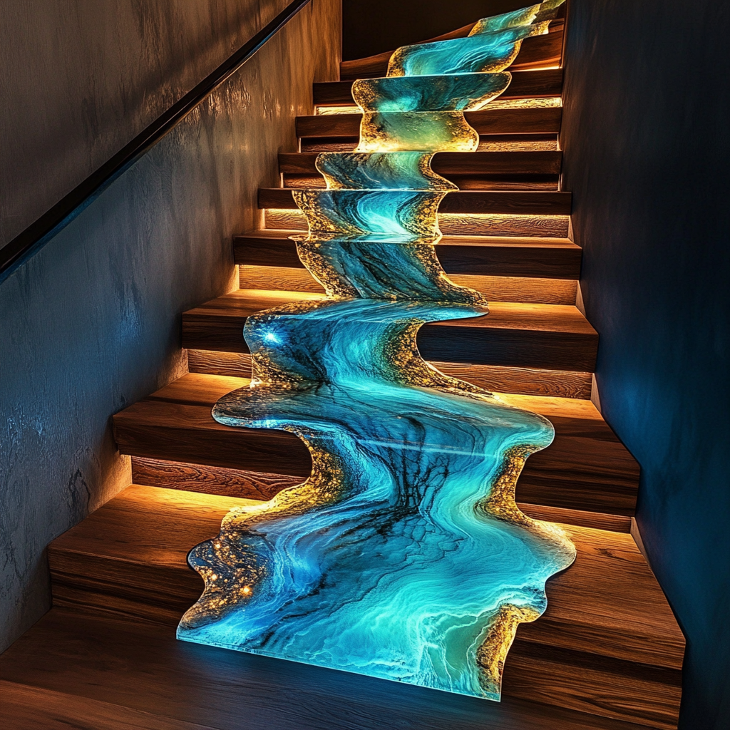 Treasuretabletop Designed Blue Epoxy Staircase