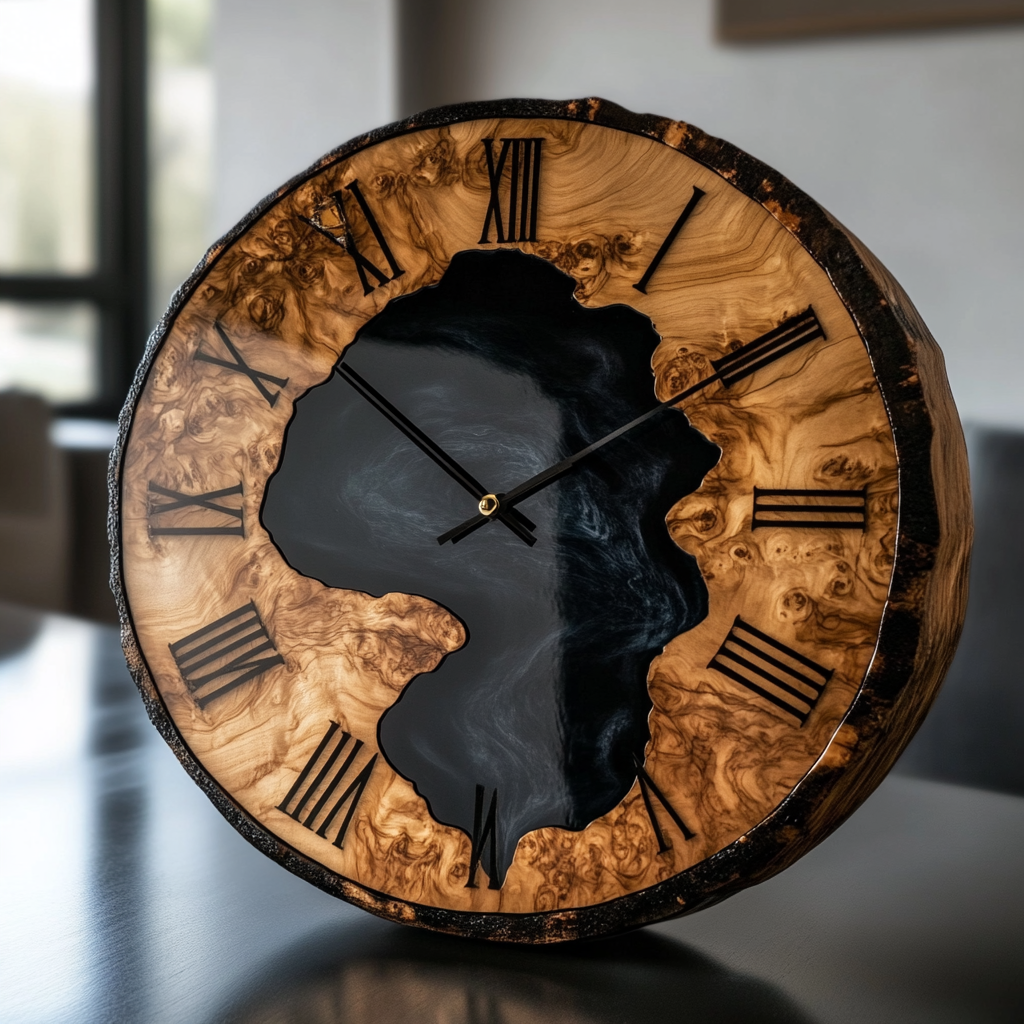 Treasuretabletop Walnut Black Epoxy Resin Wall Clock