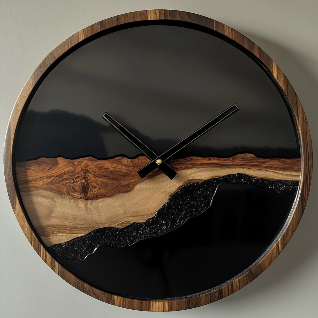 Treasuretabletop Walnut Black Epoxy Resin Wall Clock